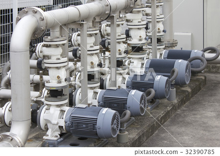 Pumps and water pipes in the plant's receiving tank Pumps and water pipes in the plant's receiving tank 32390785