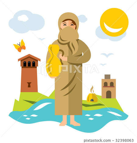Vector Muslim woman with jug of water. Flat style 32398063