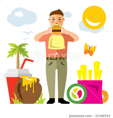 Vector Happy hipster man with hamburger 32398503