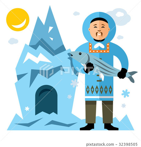 Vector Smiling Eskimo with fish.  32398505
