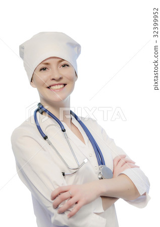 Medical doctor portrait in white coat and cap 32399952