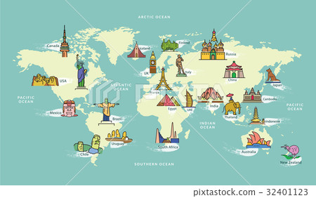 World Map with Landmark of Famous Country Symbol 32401123