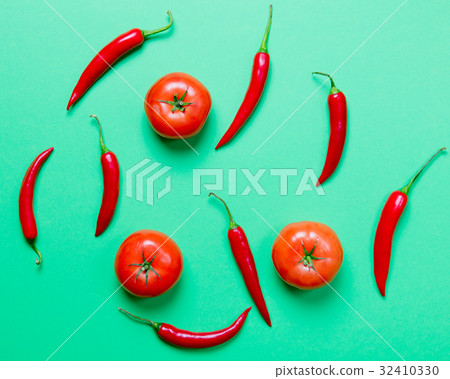 Above view at Chili pepper and tomatoes Above view at Chili pepper and tomatoes 32410330