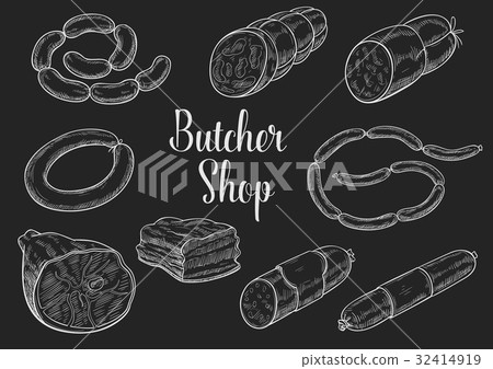 Butcher shop meat sausages sketch vector icons 32414919