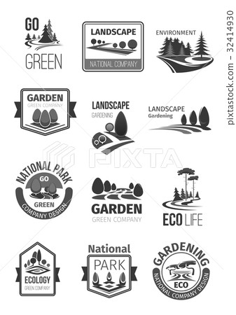 Gardens and parks landscape design vector icons - Stock Illustration ...
