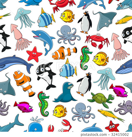 Sea fishes animals cartoon vector seamless pattern - Stock Illustration ...