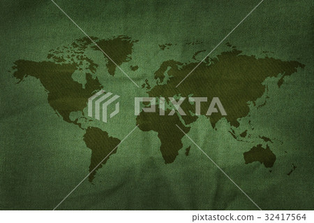 World Map on Military Army Fabric Texture World Map on Military Army Fabric Texture 32417564