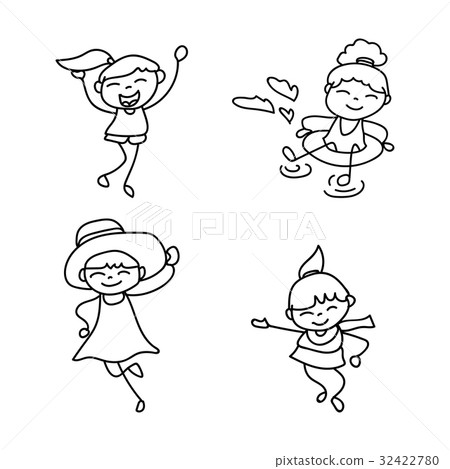 set of hand drawing cute girls line art - Stock Illustration [32422780 ...