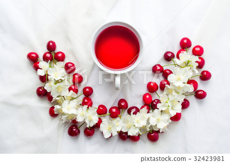 Cherry tea and fruit flatlay Cherry tea and fruit flatlay 32423981