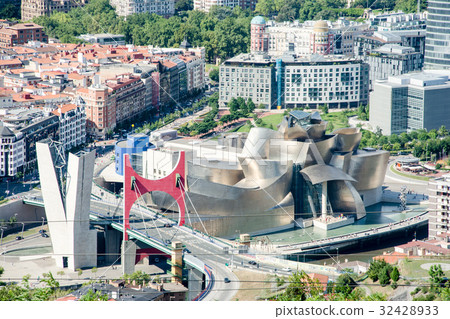 Guggenheim museum which stands along the river seen from the top of Spain Bilbao Oyama 32428933