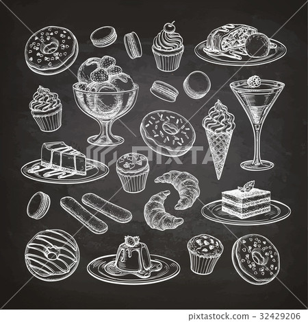 Set of dessert on chalkboard. Set of dessert on chalkboard. 32429206