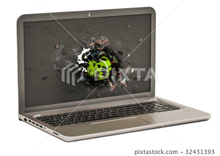 Tennis ball flying through broken monitor 32431393