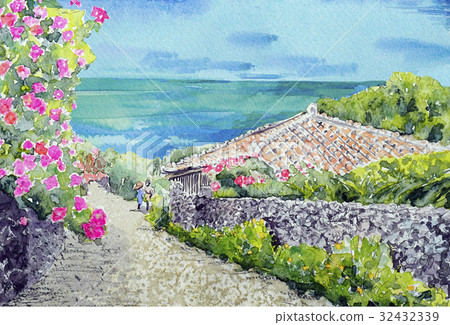 Okinawa landscape illustration, hand-drawn landscape painting showing the sea and hibiscus of Taketomi Island 32432339