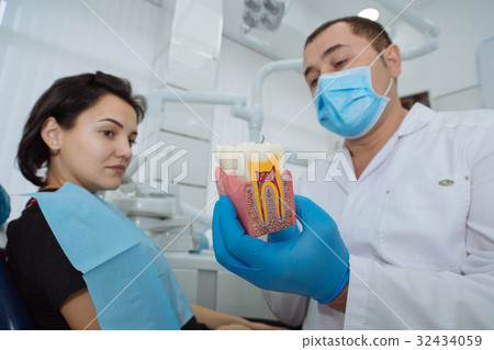 Dentist with patient. Dentist showing a model of teeth. Dentist with patient. Dentist showing a model of teeth. 32434059