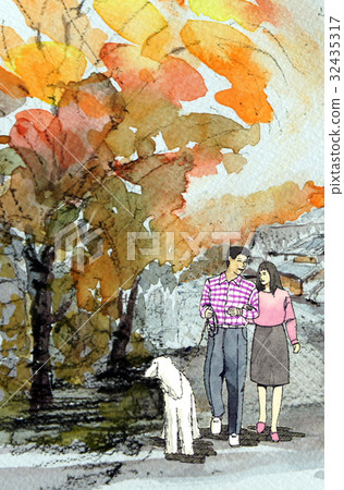 散步與寵物狗步行步行者婦女家庭婦女的婦女 散步與寵物狗步行步行者婦女家庭婦女的婦女 32435317