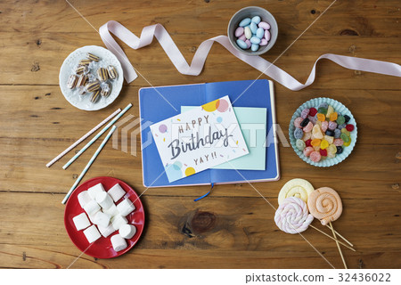 Birthday Wish Card on Wooden Table Background with Sweet Snacks Birthday Wish Card on Wooden Table Background with Sweet Snacks 32436022
