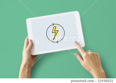 Hands working on digital device network graphic overlay Hands working on digital device network graphic overlay 32436032