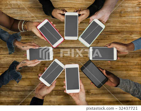 Group of people using mobile phone with blank screen Group of people using mobile phone with blank screen 32437721