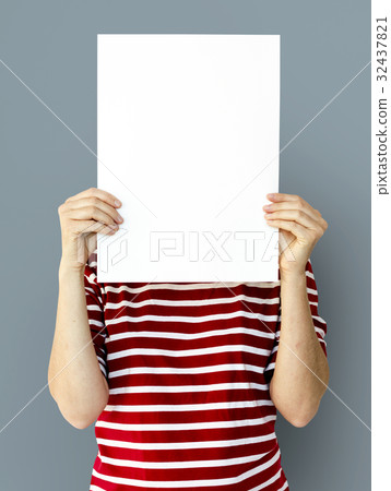 Adult Woman Hands Hold Blank Paper Board Copy Space 32437821