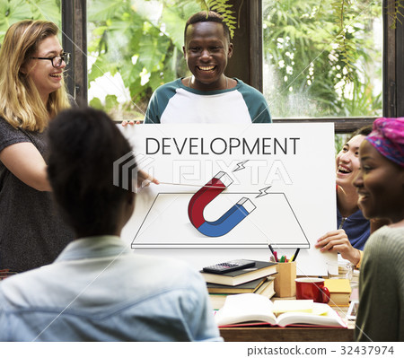 Students working on billboard network graphic overlay 32437974