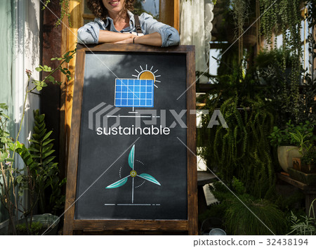 Woman standing network connection graphic overlay on blackboard 32438194
