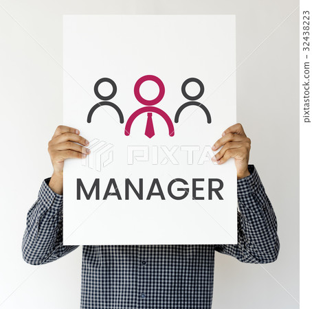 Man holding banner of leadership business organization graphic cover his face 32438223