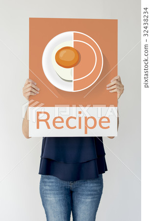 Woman holding banner of healthy food cuisine menu recipe illustration 32438234