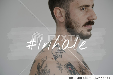 Adult Tattoo Shirtless Man with Inhale Word Adult Tattoo Shirtless Man with Inhale Word 32438854