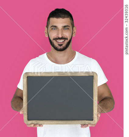 Man Holding Chalkboard Smiling Happy Man Holding Chalkboard Smiling Happy 32439316