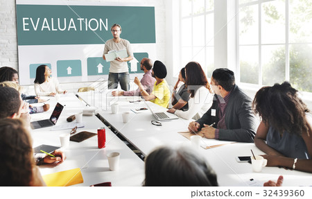 Workers working on screen network graphic overlay during meeting 32439360