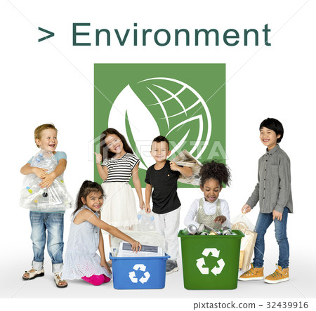 Little Kids with Recycle Sign Eco Friendly Save Earth Word Graphic Little Kids with Recycle Sign Eco Friendly Save Earth Word Graphic 32439916