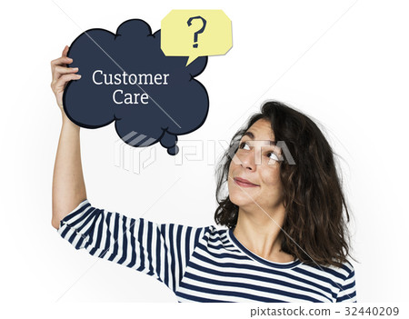 Woman holding speech bubble about customer service concept 32440209