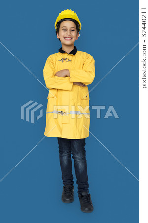 Little Boy in Fireman Costume Studio Portrait 32440211