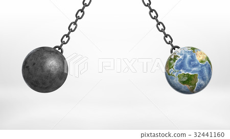 A wrecking ball and an Earth globe swinging A wrecking ball and an Earth globe swinging 32441160
