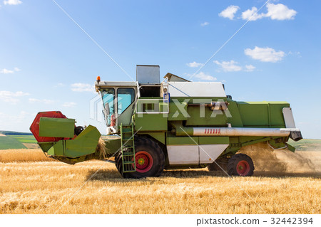 Combine harvester working on a wheat field. Combine harvester working on a wheat field. 32442394