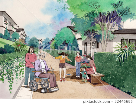 Walking with families with elderly, requiring carers, wheelchairs Walking with mothers and daughters Families Park Landscape Universal Manners 32445695