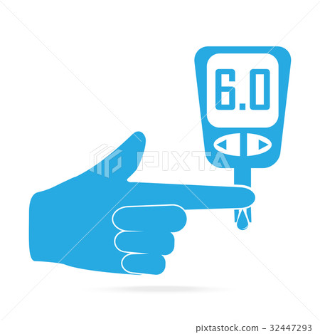 Diabetes blue icon, blood drop to glucose test.  32447293