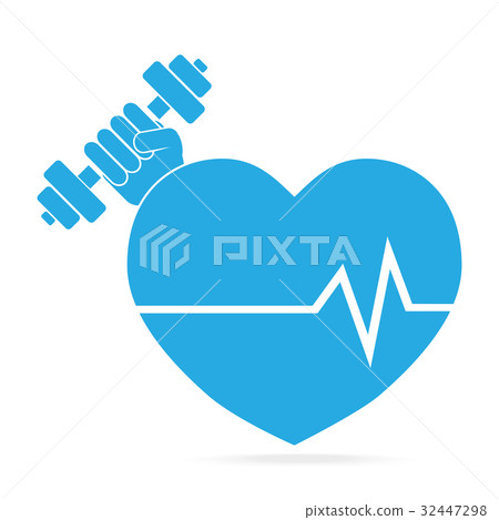 Heart and Hand holding with dumbbell blue icon. 32447298