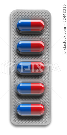 Red and blue pills in blister packaging isolated 32448319