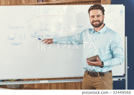 Cheery youthful bearded guy telling about job 32449568