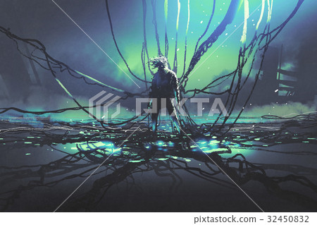 man with many black cables against dark factory 32450832