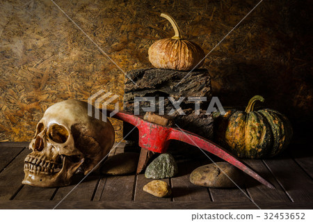Still Life Skull and pumpkin on the timber. Still Life Skull and pumpkin on the timber. 32453652
