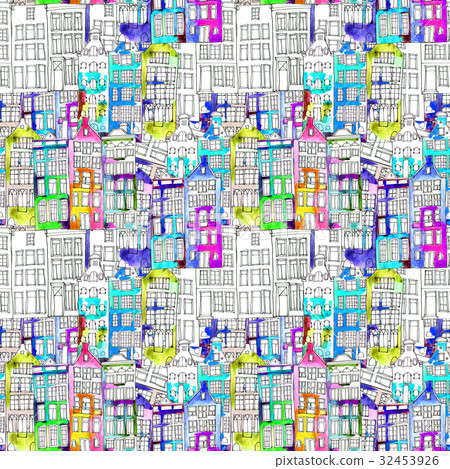 Seamless pattern eith watercolor Amsterdam houses Seamless pattern eith watercolor Amsterdam houses 32453926