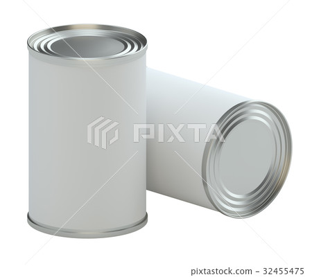 Metal tin can with white paper label 32455475