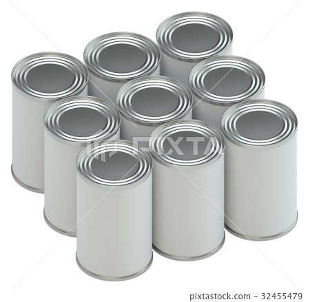 Group of metal tin cans with white paper labels 32455479
