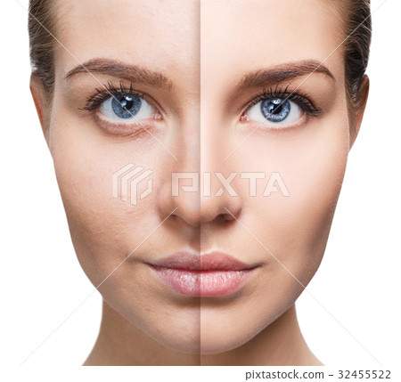 Portrait of woman before and after retouch. 32455522