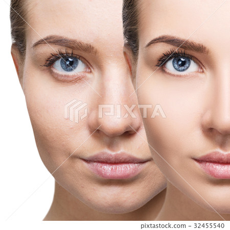 Portrait of woman before and after retouch. 32455540