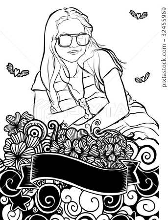 Portrait of  beautiful girl  with Flower doodle 32455969