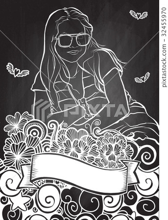 Portrait of  beautiful girl  with Flower doodle 32455970