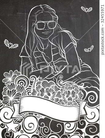 Portrait of  beautiful girl  with Flower doodle 32455971
